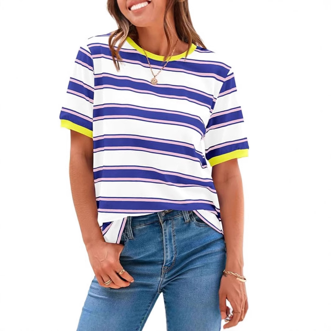 Color-Block Striped Crewneck Loose Casual T-Shirt