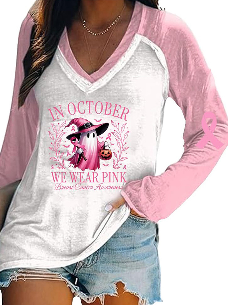 Women's V-Neck Long-Sleeve Halloween Pumpkin Ghost Ribbon Print T-Shirt