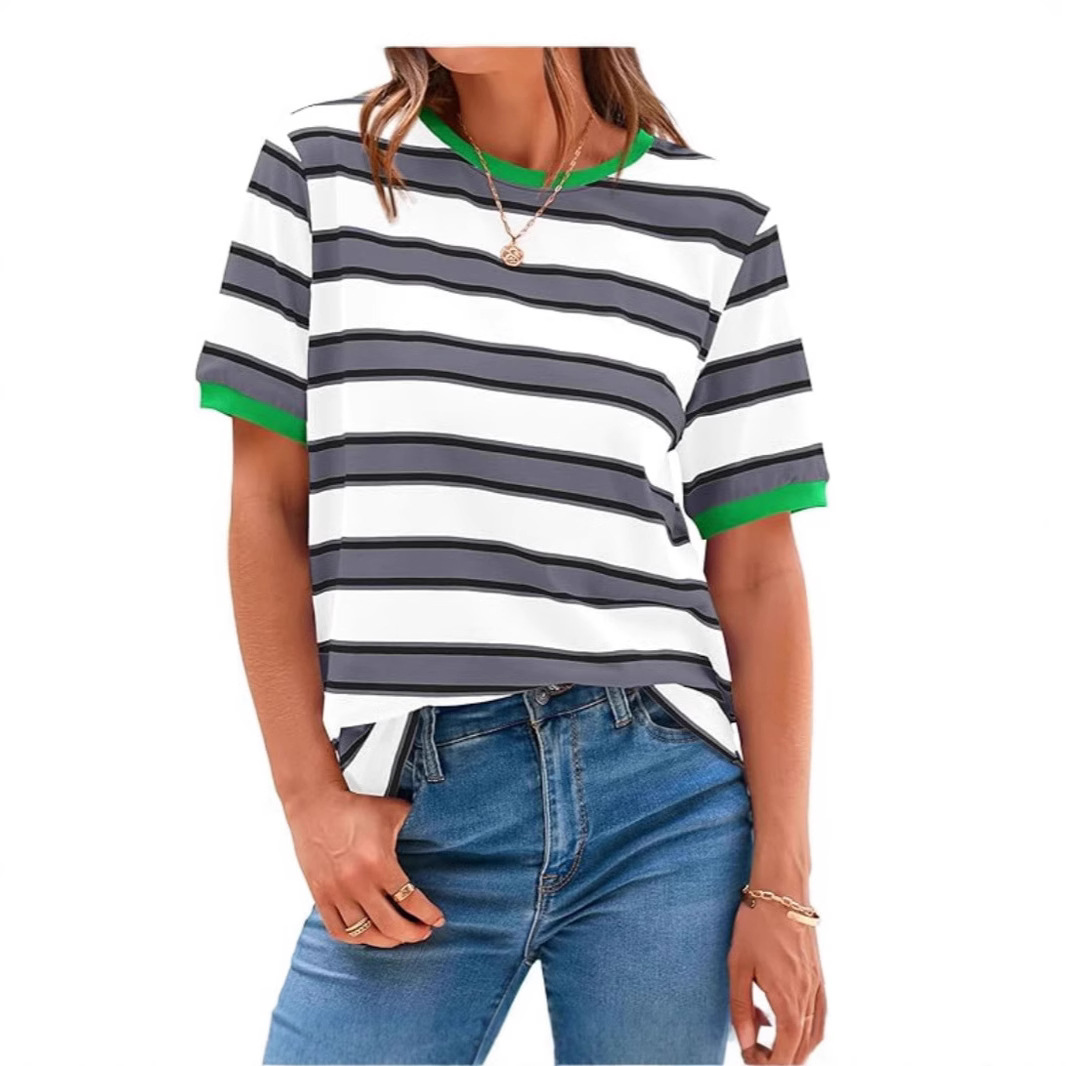Color-Block Striped Crewneck Loose Casual T-Shirt