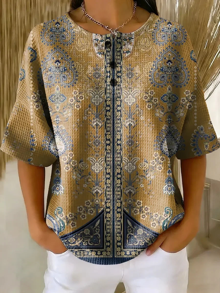 Floral Plaid Print Crewneck Short Sleeve Button Top