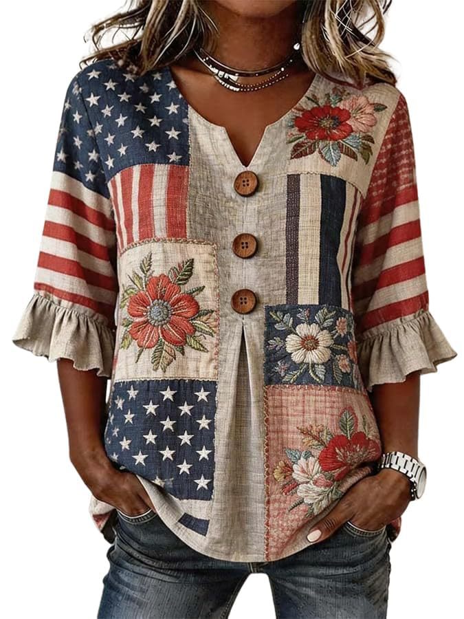 Women's American Floral Flag Print V-Neck Half-Sleeve T-Shirt