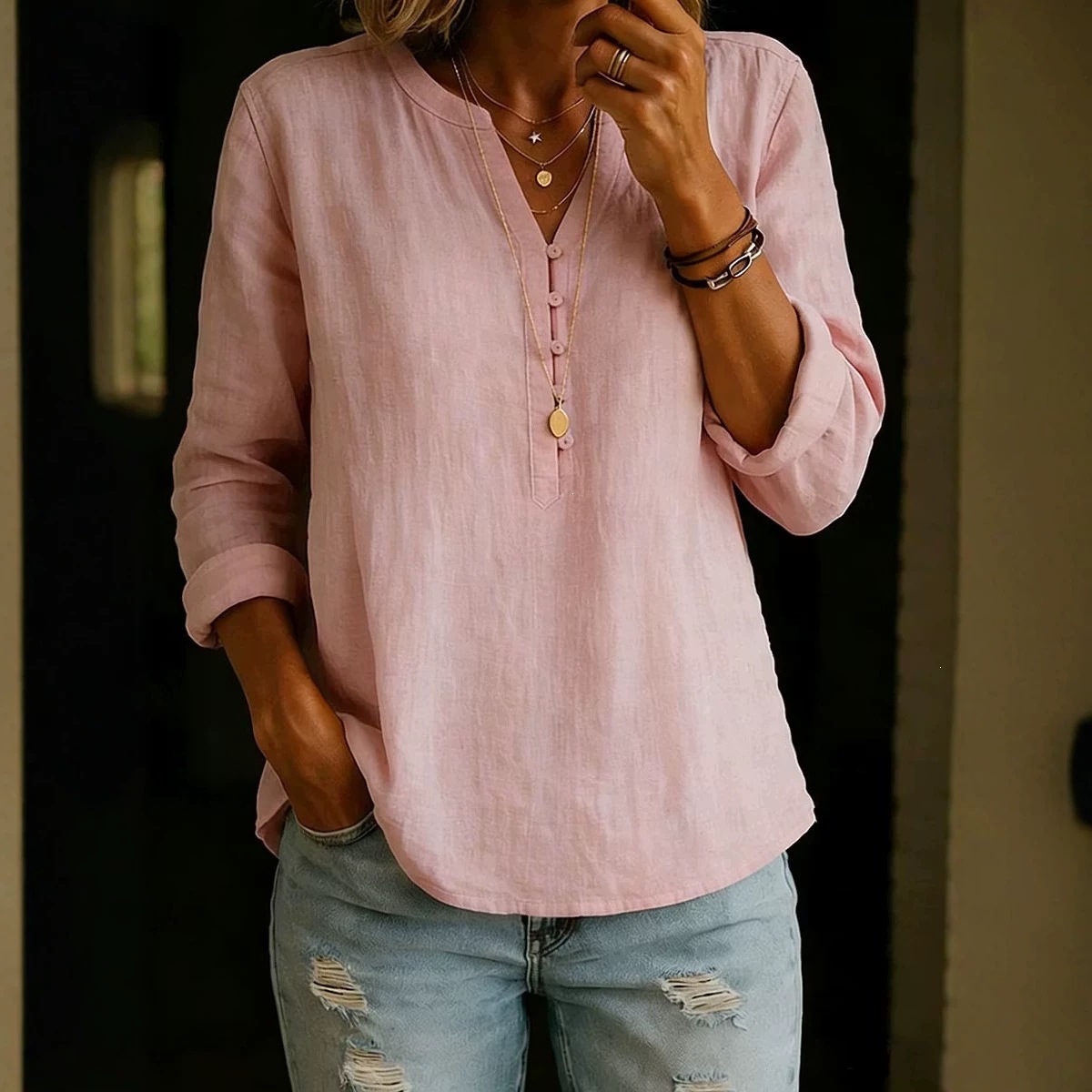 Cotton-Linen V-Neck Button-Front Long-Sleeve Top