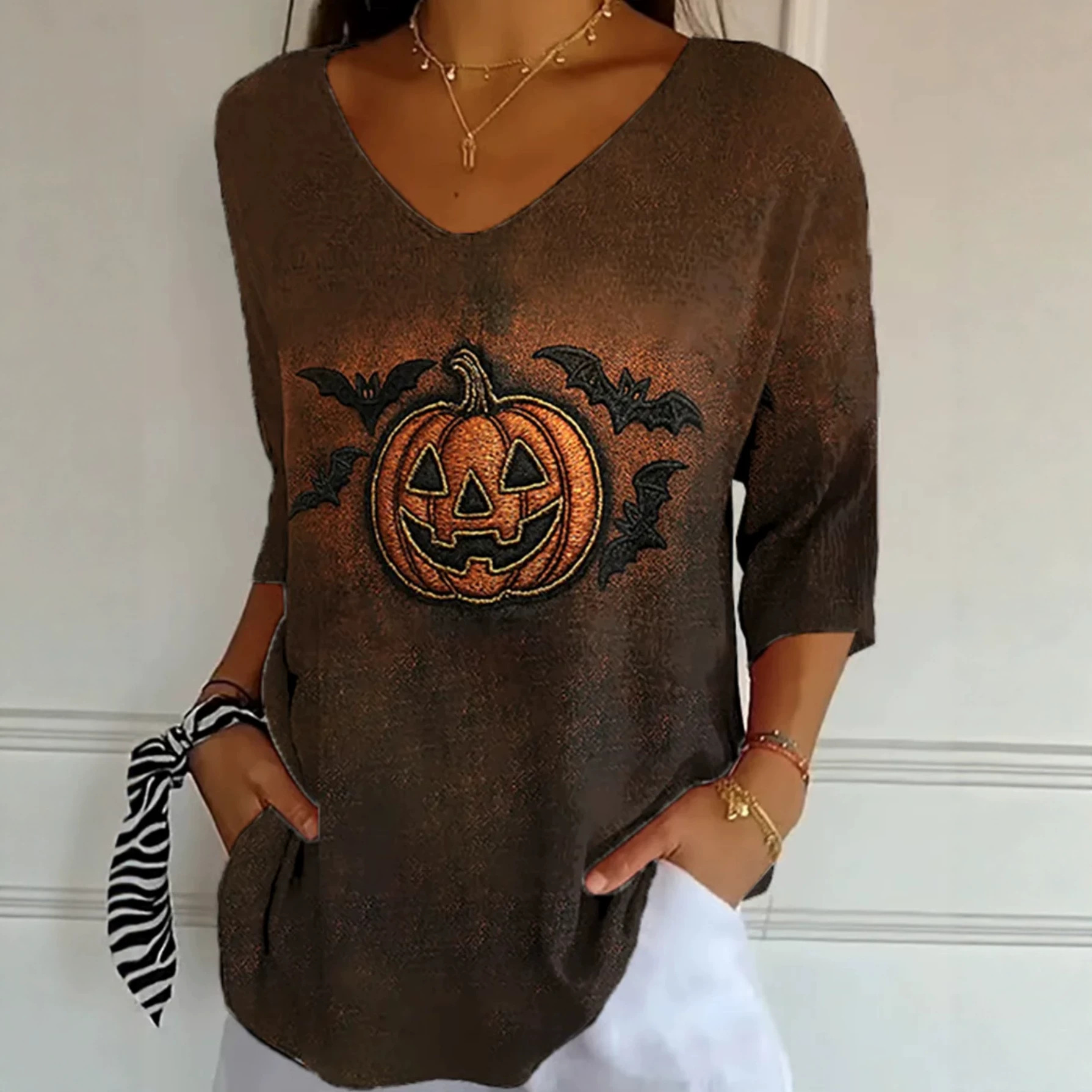 Halloween Ghost Print V-Neck Half-Sleeve Women's T-Shirt