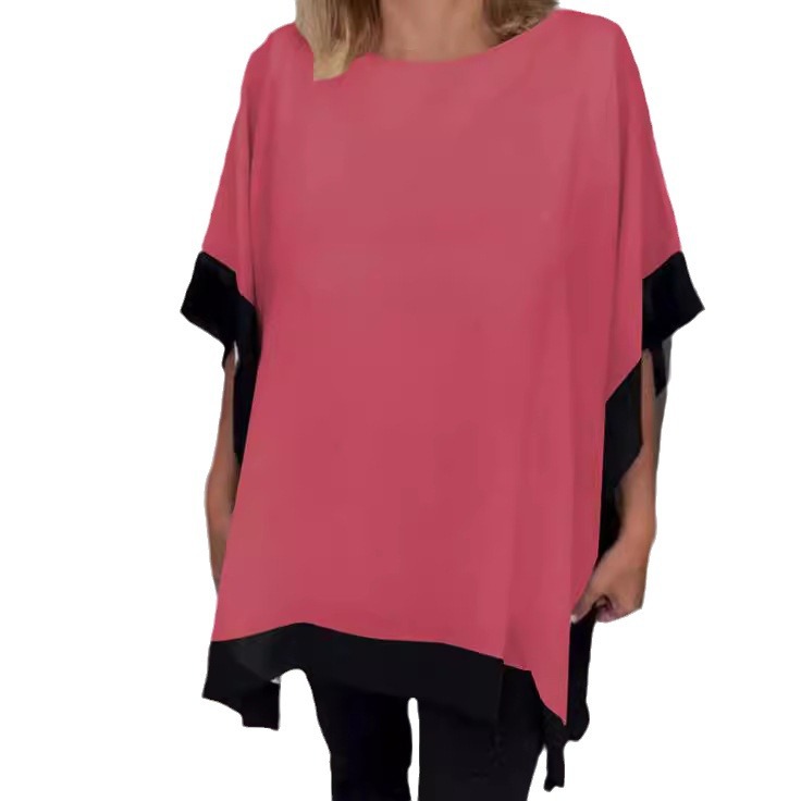 Women's Summer Round Neck Loose Short Sleeve Batwing Sleeve Color Block T-Shirt