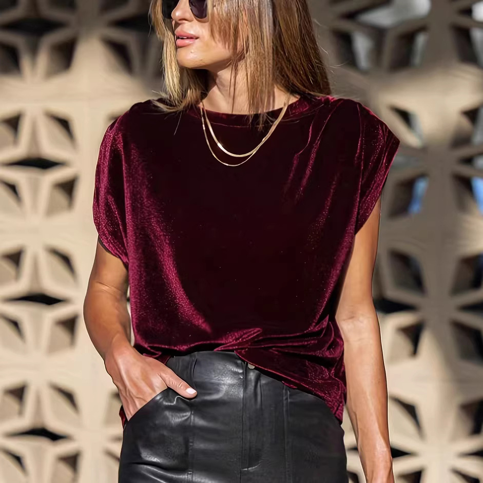 Women's Velvet Short Sleeve T-Shirt Casual Loose Fit Solid Color