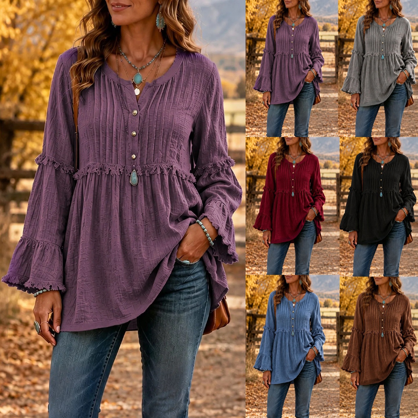 Women's Loose Long Sleeve V-Neck T-Shirt with Lace Trim