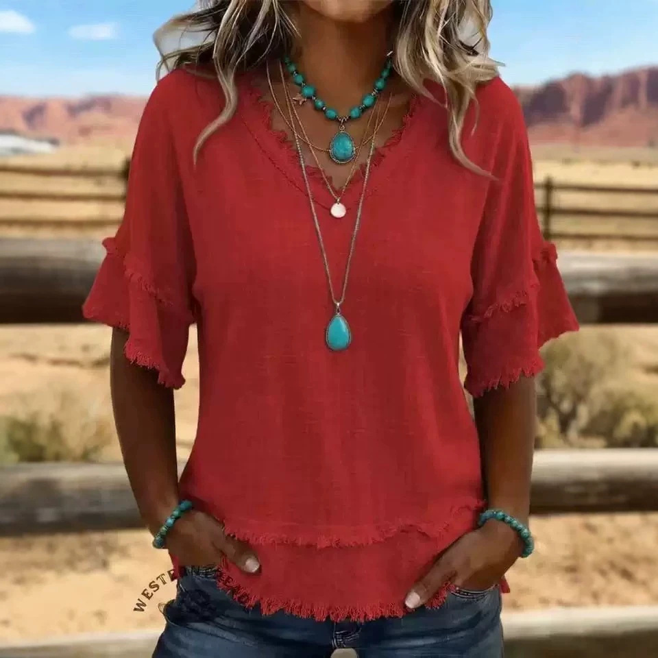 Women's Loose V-Neck Frayed Short-Sleeve T-Shirt Solid Casual Top