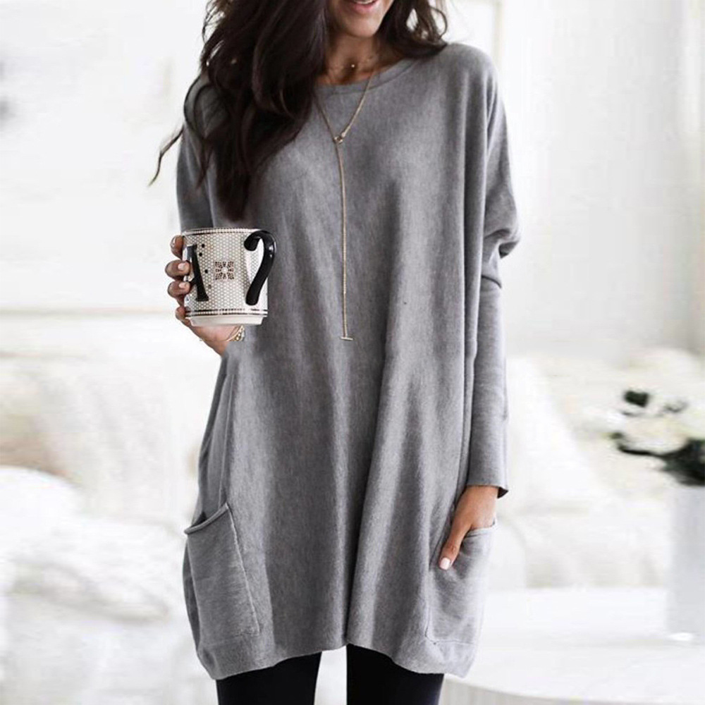 Women's Long Sleeve Pocket T-Shirt Casual Loose Fit Solid Color