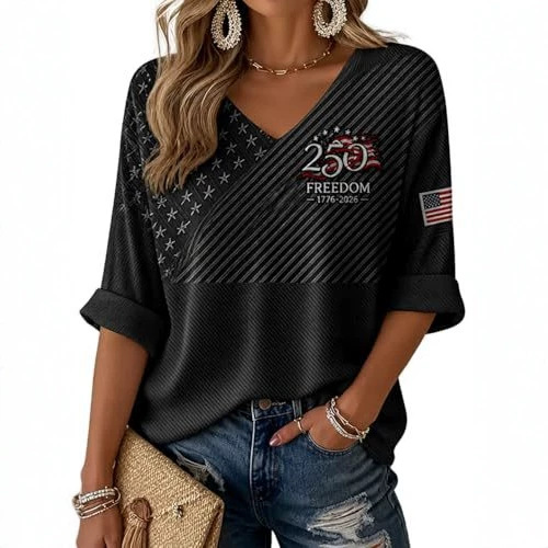 American Flag Print V-Neck Short Sleeve Women's T-Shirt