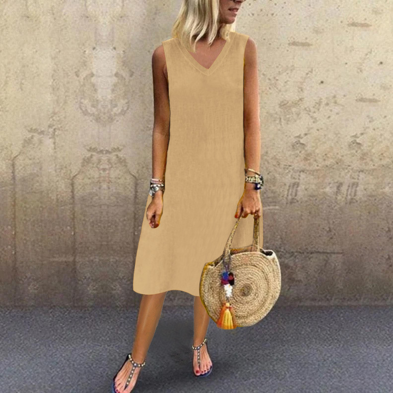 V-Neck Sleeveless A-Line Midi Dress Cotton Linen Casual