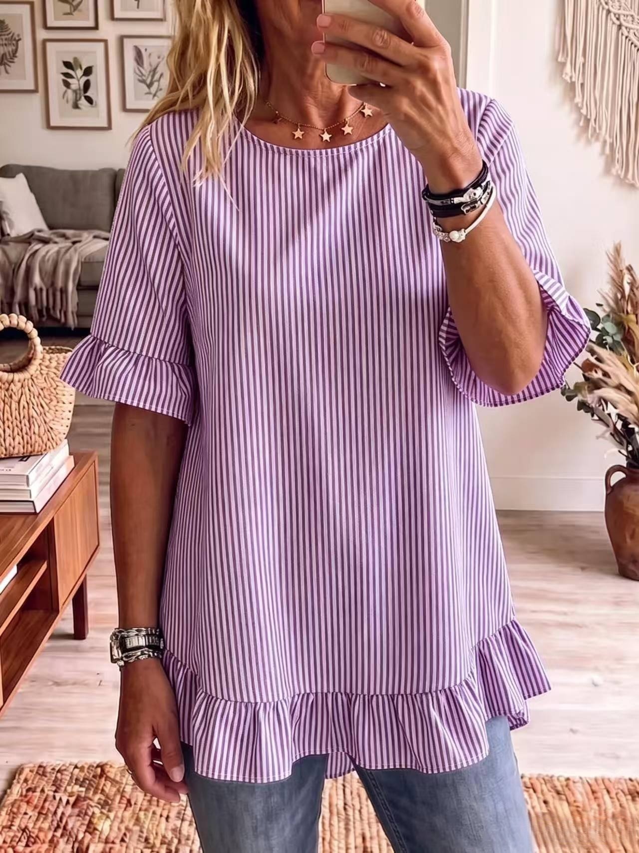 Women's Striped Ruffle Half-Sleeve Loose Casual Shirt