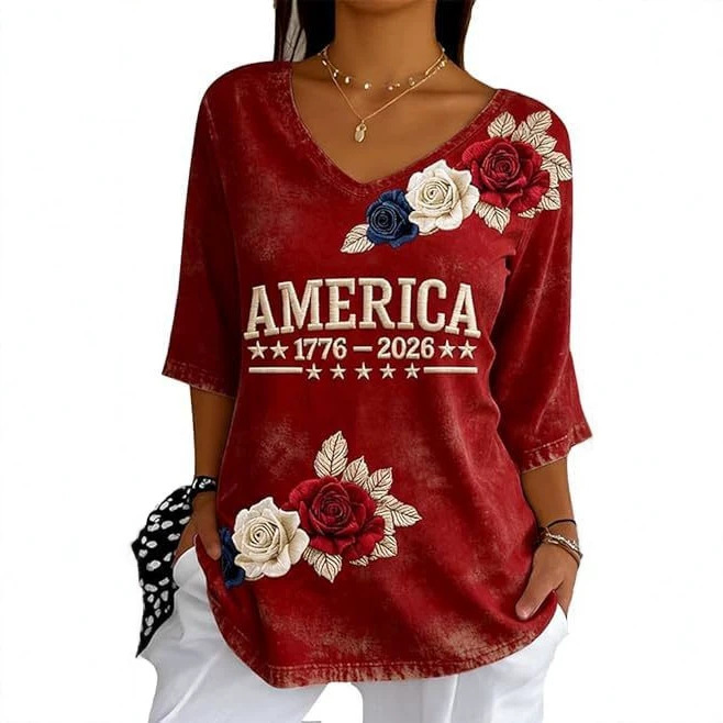 Floral Letter Print V-Neck Half-Sleeve Women's T-Shirt