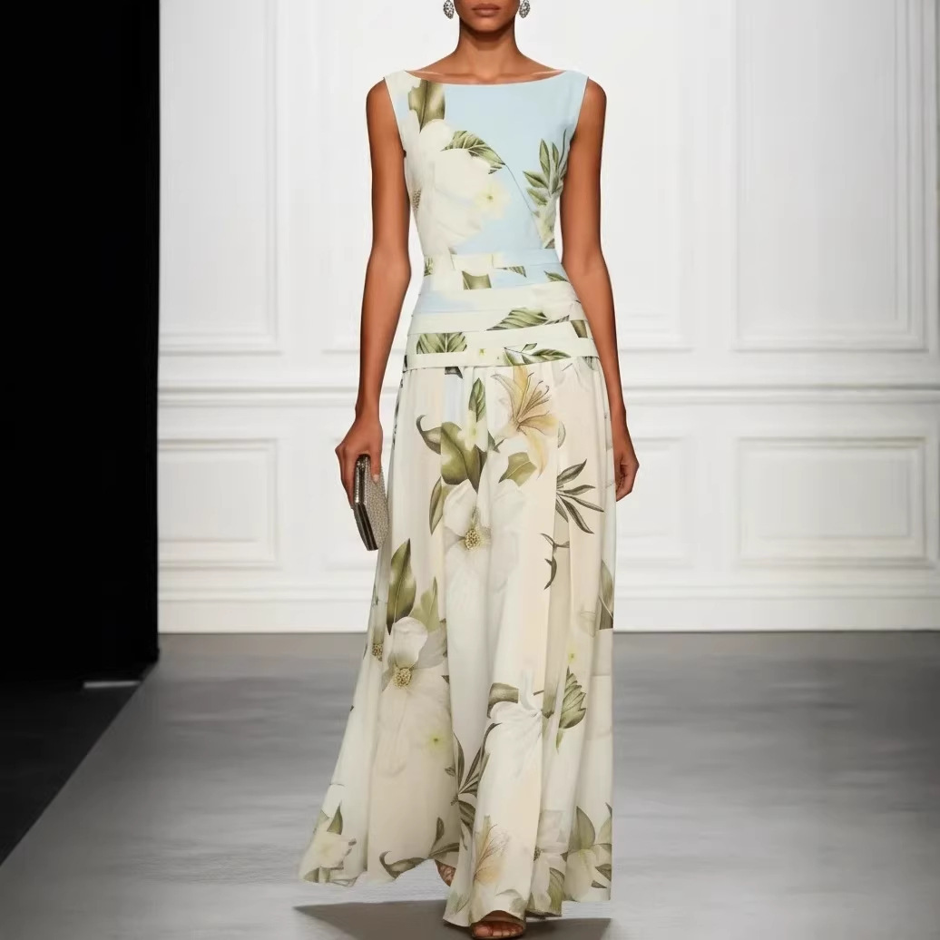 Sexy V-Neck Floral Print Sleeveless Open-Back High-Waist Long Dress