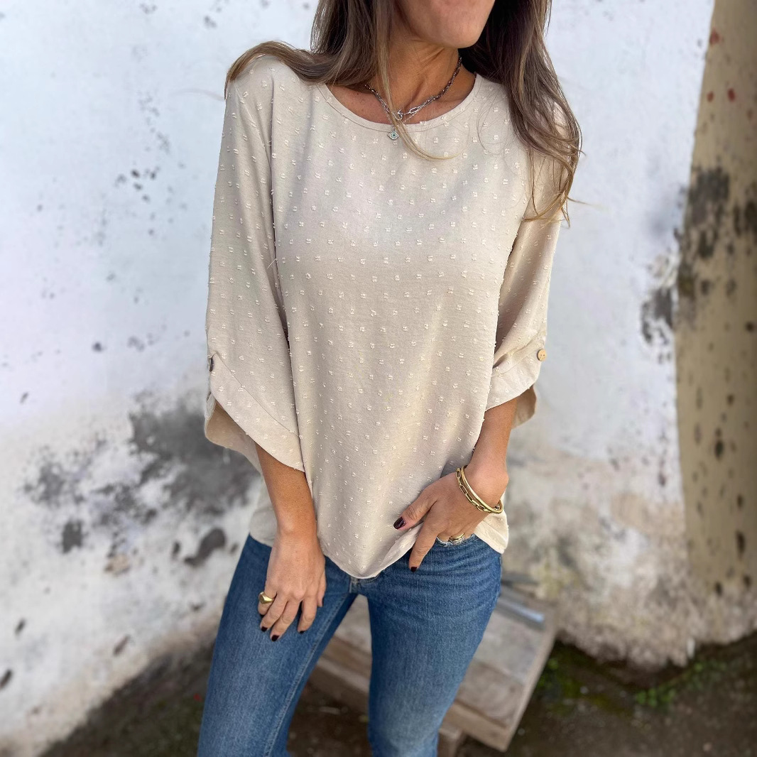 Women's Spring Autumn Round Neck Jacquard Chiffon Loose Fit Casual Top T-Shirt