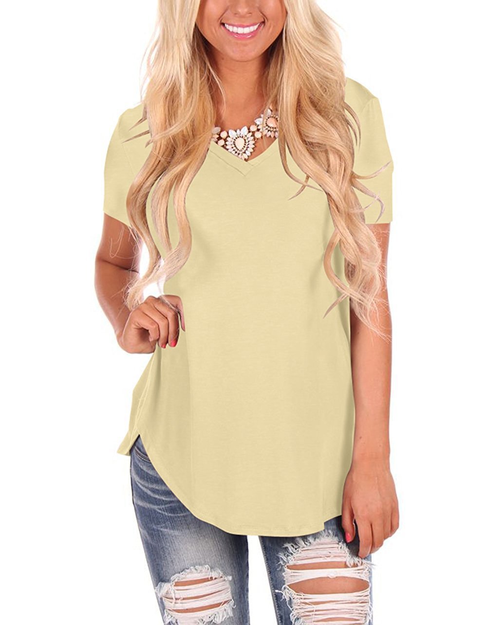 Women's V-Neck Knit Short Sleeve T-Shirt Loose Plus Size Solid Color Top