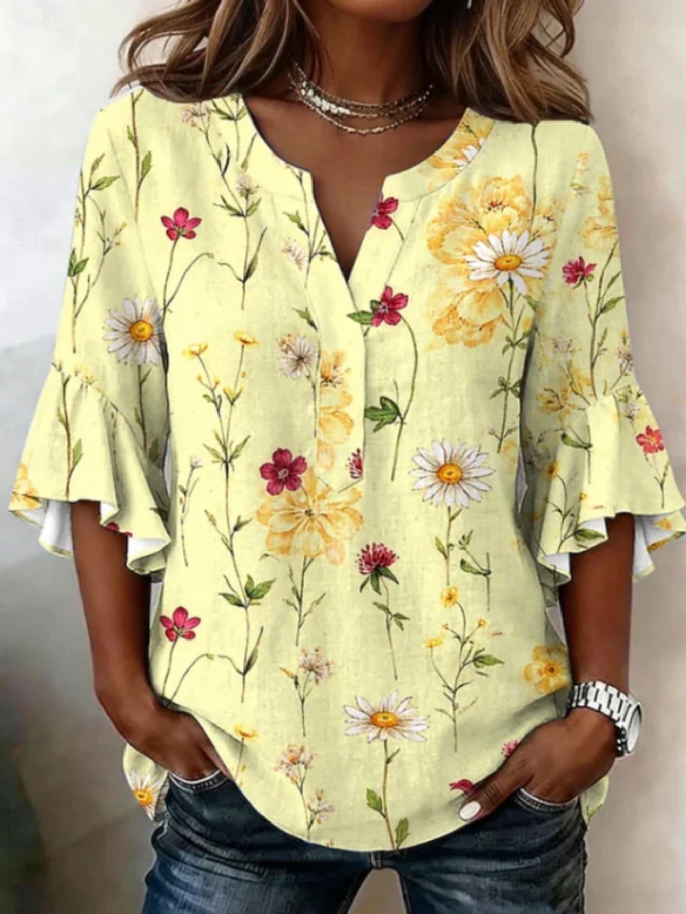 Floral Print Rolled Sleeve V-Neck Women's Top