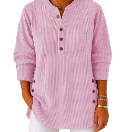 Corduroy V-Neck Button Long-Sleeve Loose Casual Top