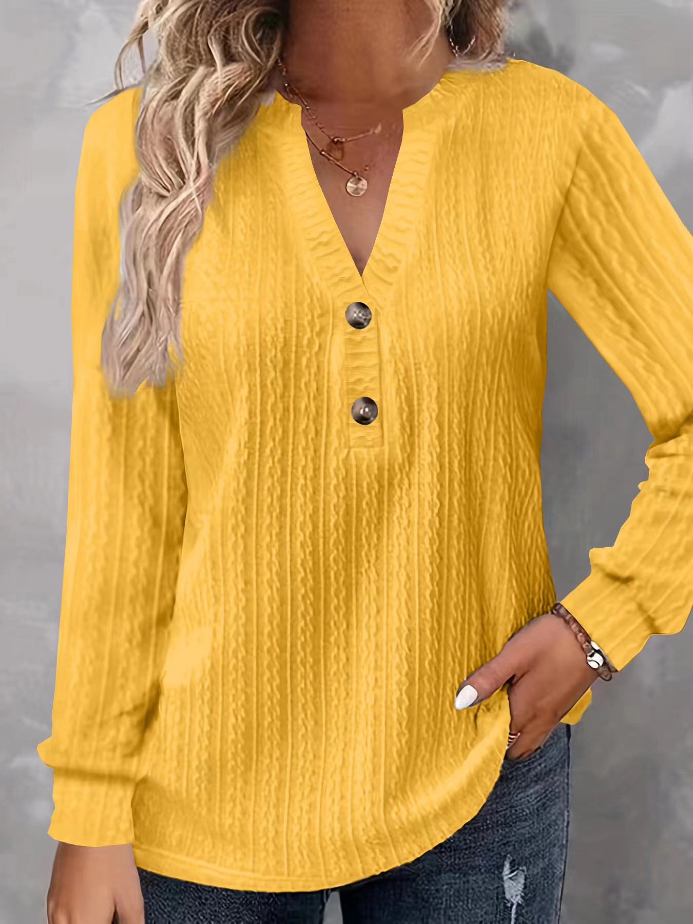 Women's Long Sleeve V-Neck Button T-Shirt Solid Color Top