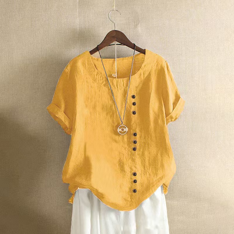 Women's Summer Loose Button Round Neck T-Shirt