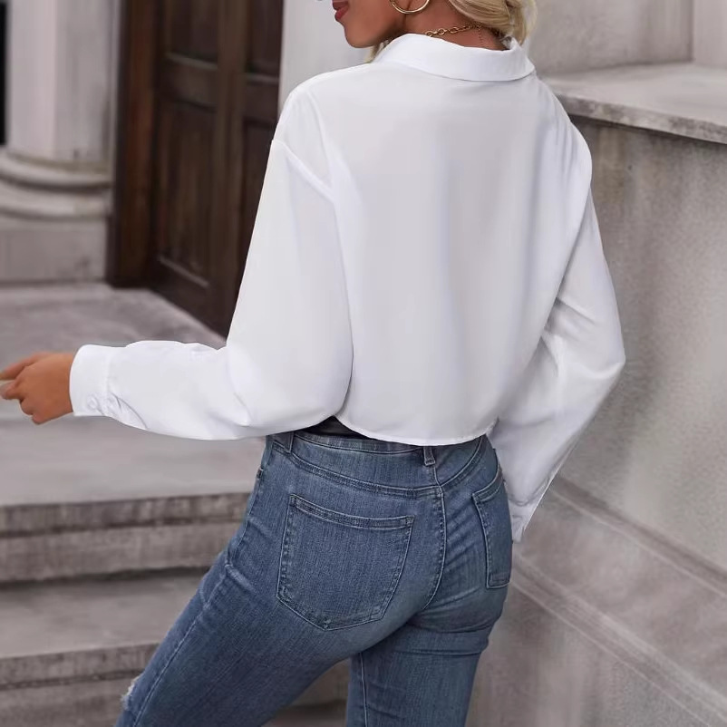 Women's Lightweight Long-Sleeve Cropped Solid Button-Down Shirt