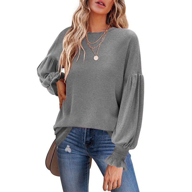 Women's Crewneck Ruched Lantern Sleeve Long Tunic Top