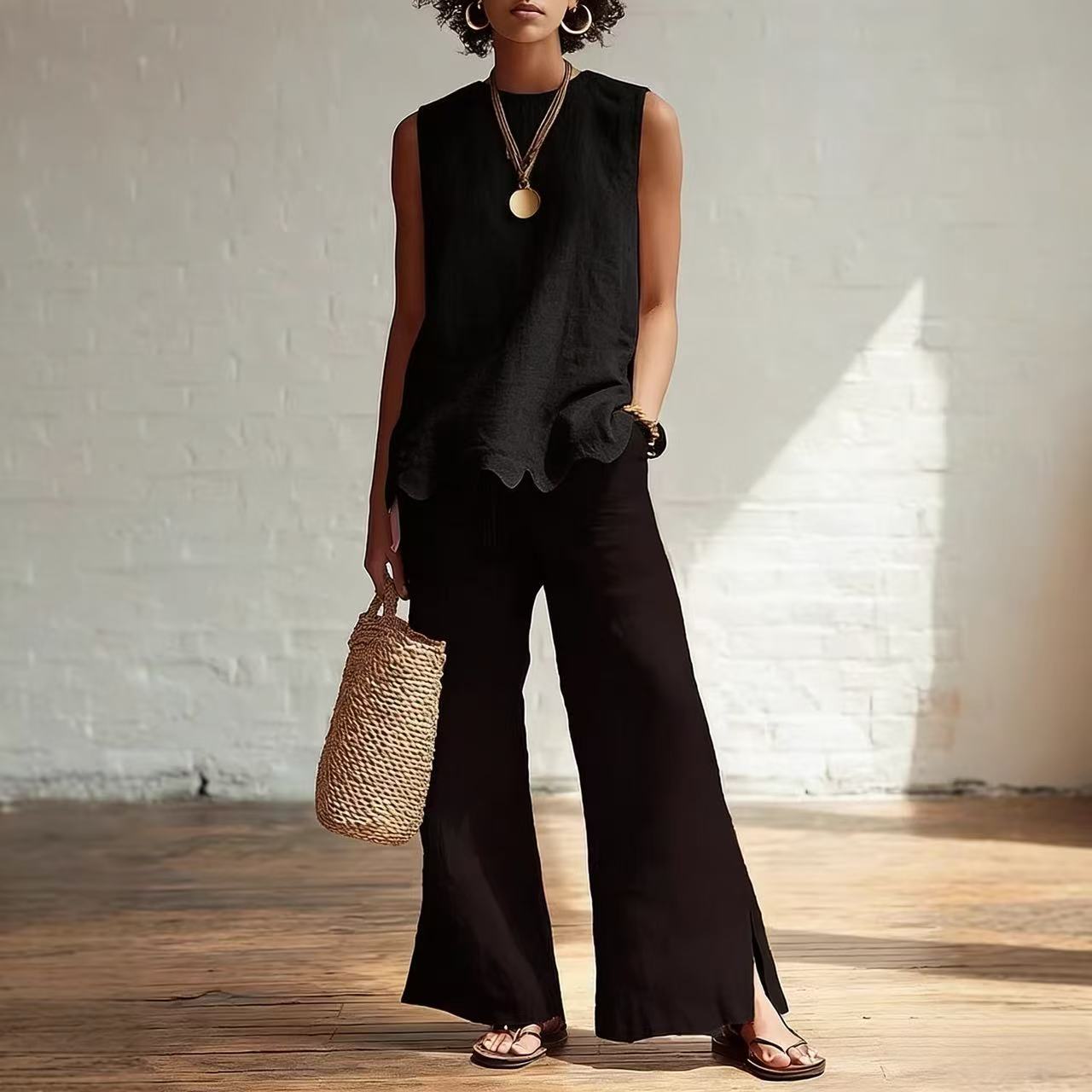 Solid Crewneck Sleeveless Wavy Hem Blouse