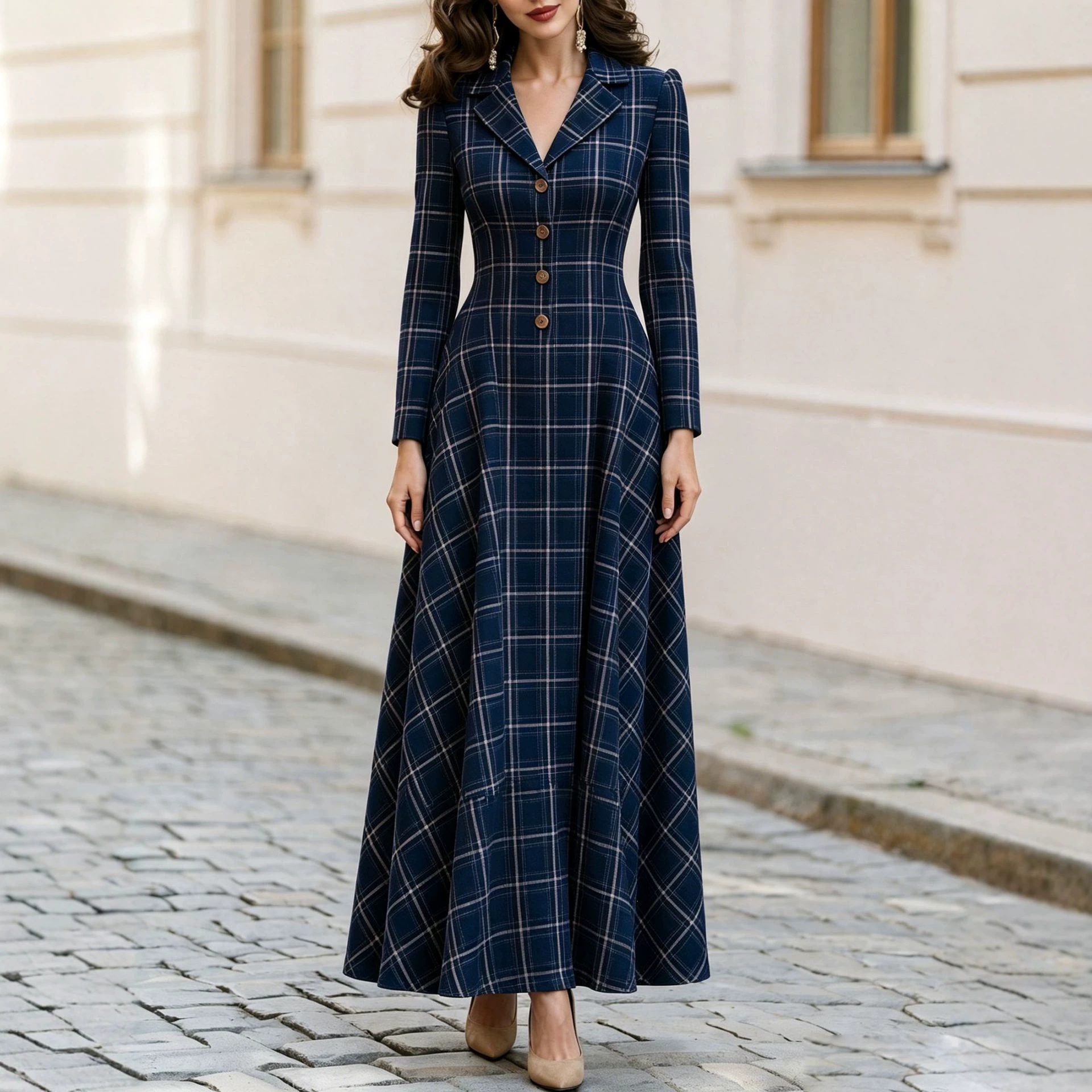 Women's Plaid Button-Front Blazer Dress Long Sleeve High Waist