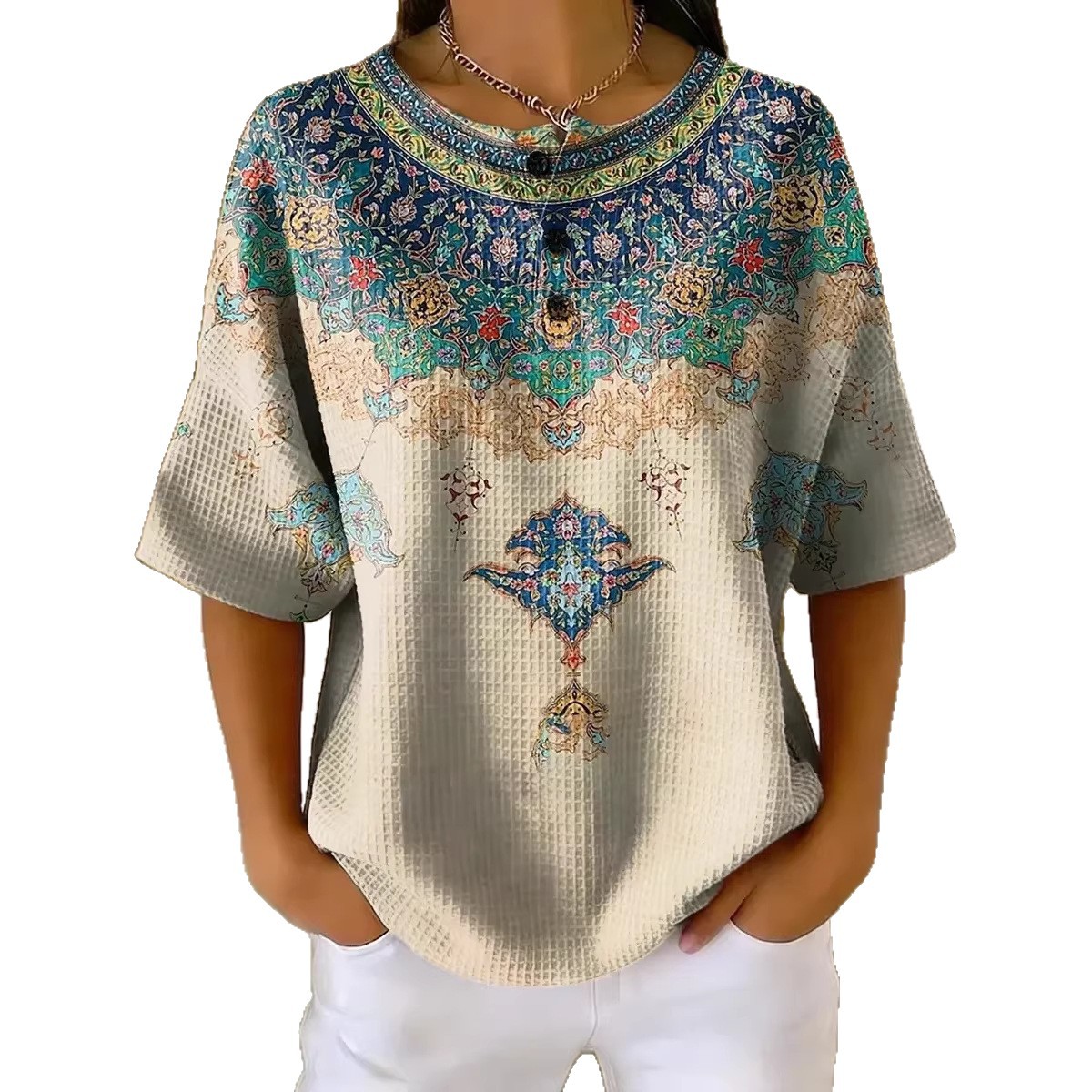 Floral Plaid Print Crewneck Short Sleeve Button Top