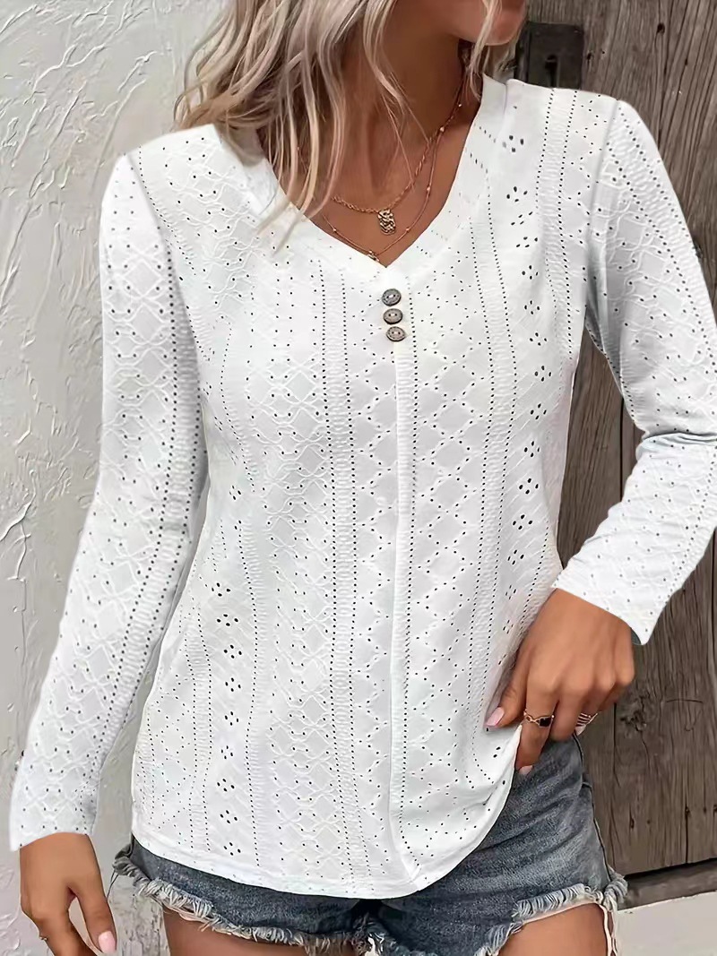 Women's Solid V-Neck Button-Detail Long-Sleeve T-Shirt