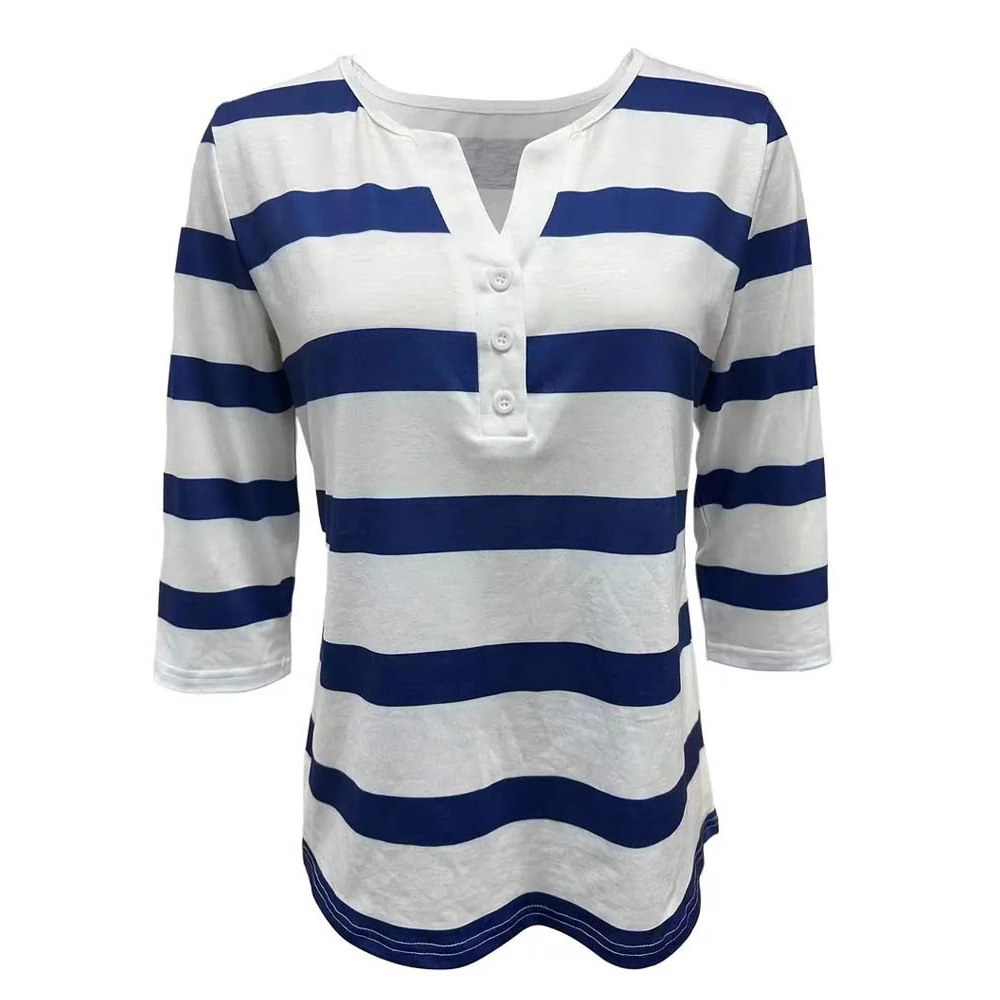 Women's Striped V-Neck Button Top Casual Long Sleeve T-Shirt
