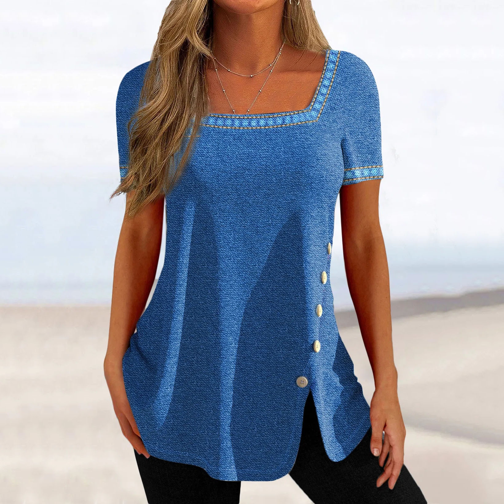 Women's Printed Button Slit Short Sleeve T-Shirt