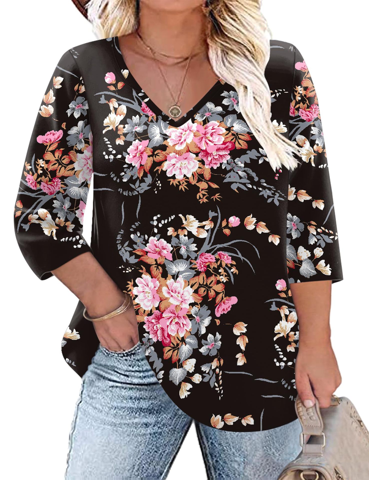 Women's Floral Print V-Neck Loose Long Sleeve T-Shirt