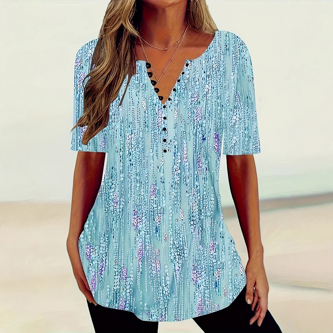 Women's Gradient V-Neck Button Short-Sleeve T-Shirt