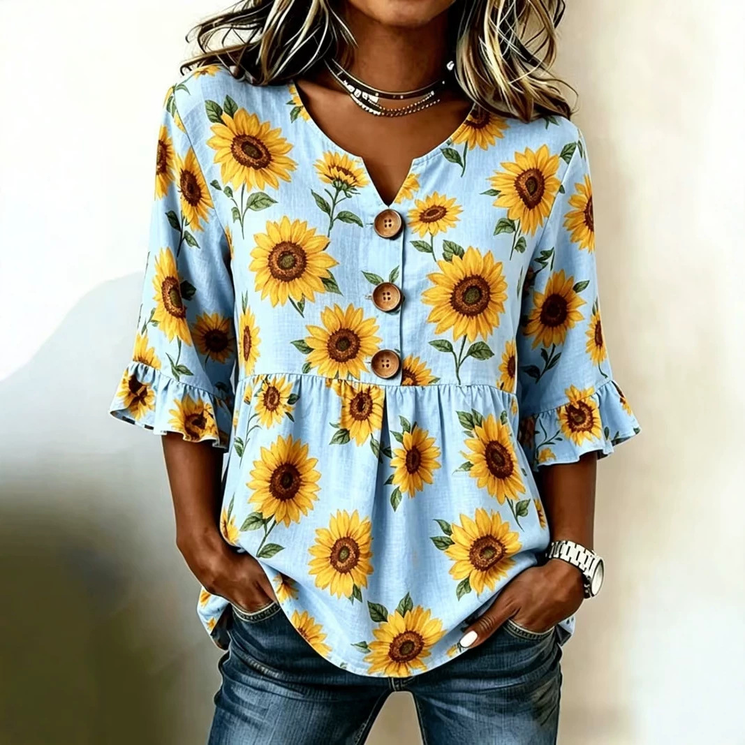 Floral Print Half-Sleeve Button-Up Top