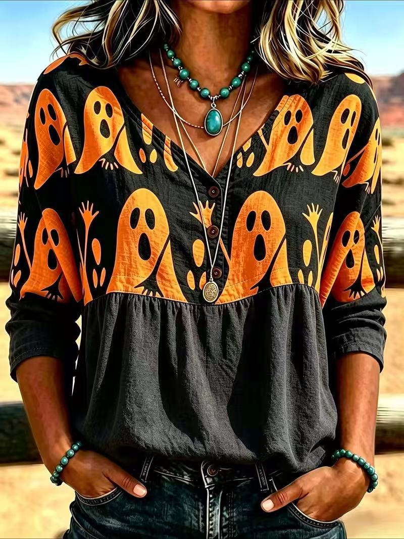 Halloween Ghost Print V-Neck Short Sleeve Women's T-Shirt