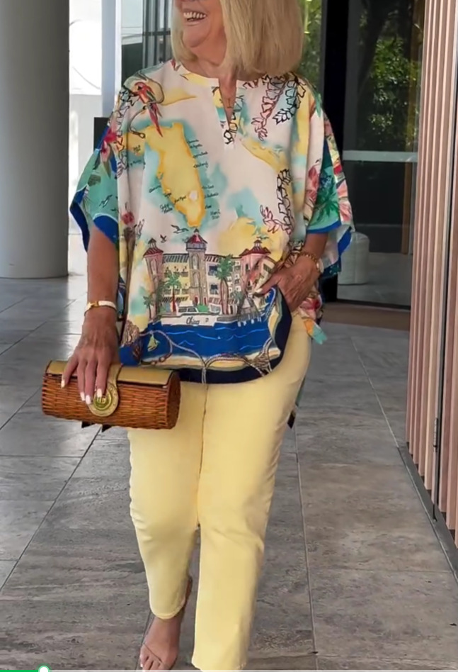 Women's Floral Print Short Sleeve V-Neck Midi Top Casual Loose Fit
