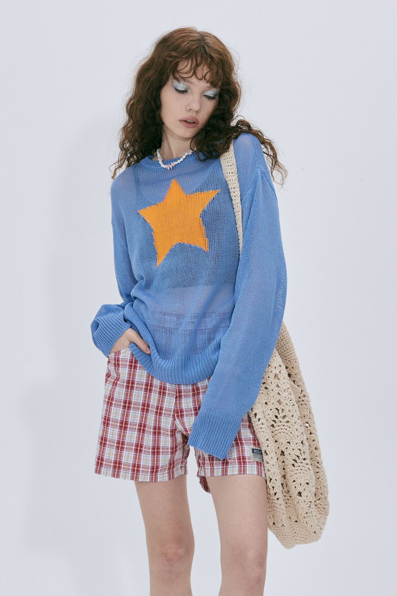 Sheer Star Cutout Knit Top Long Sleeve Crew Neck
