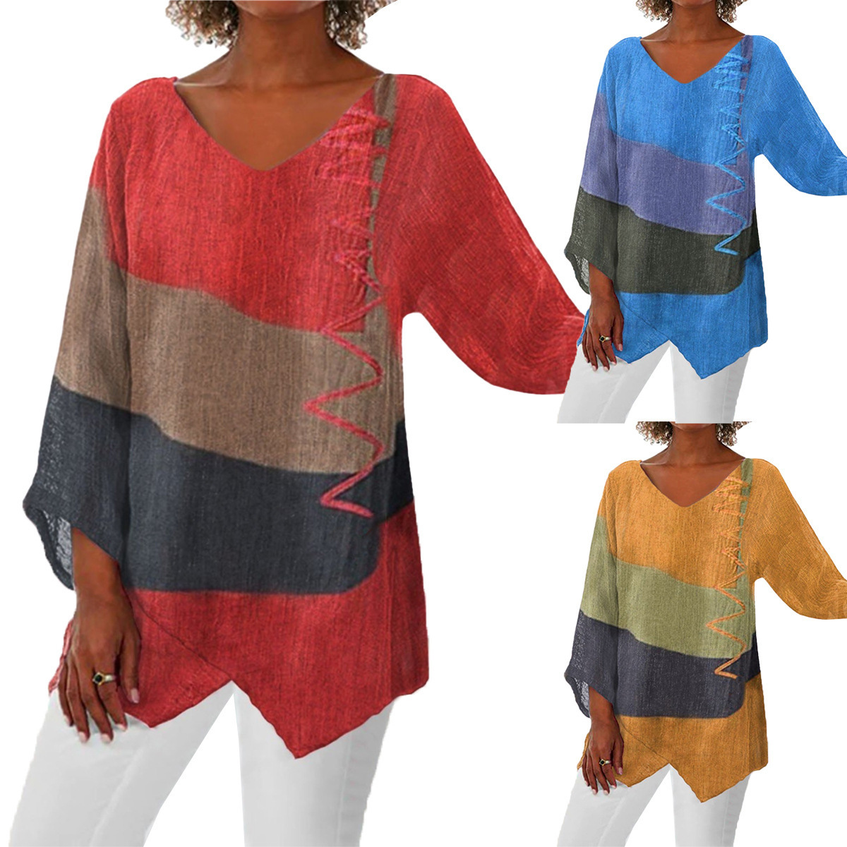 Women's Casual Loose V-Neck Asymmetrical Hem Art Print Long Sleeve Vintage Top