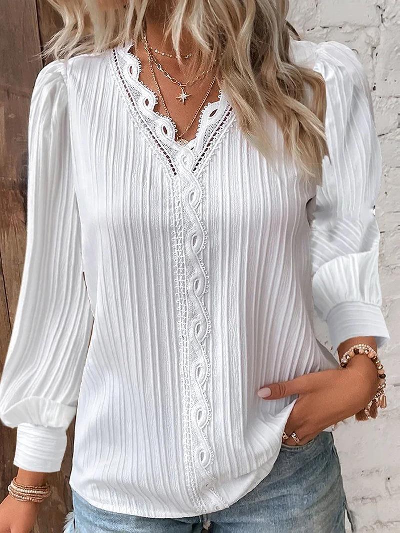 Women's Long Sleeve V-Neck Lace Trim Blouse