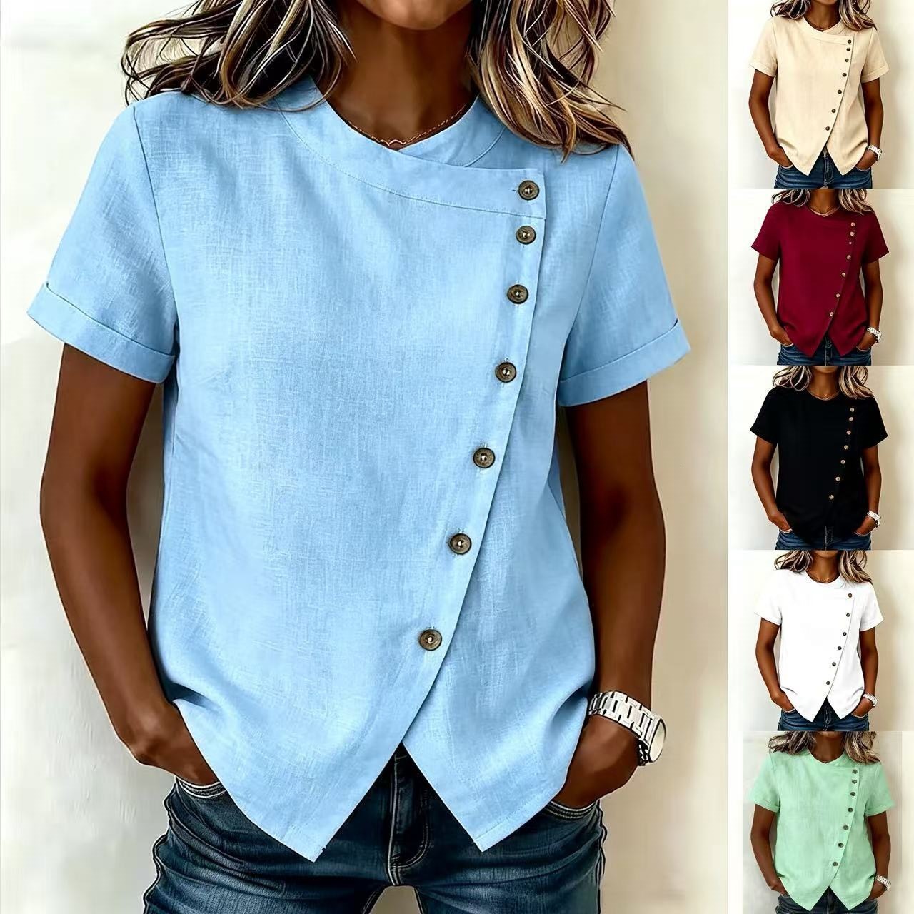 Women's Solid Cross Round Neck Short Sleeve Loose Irregular Top