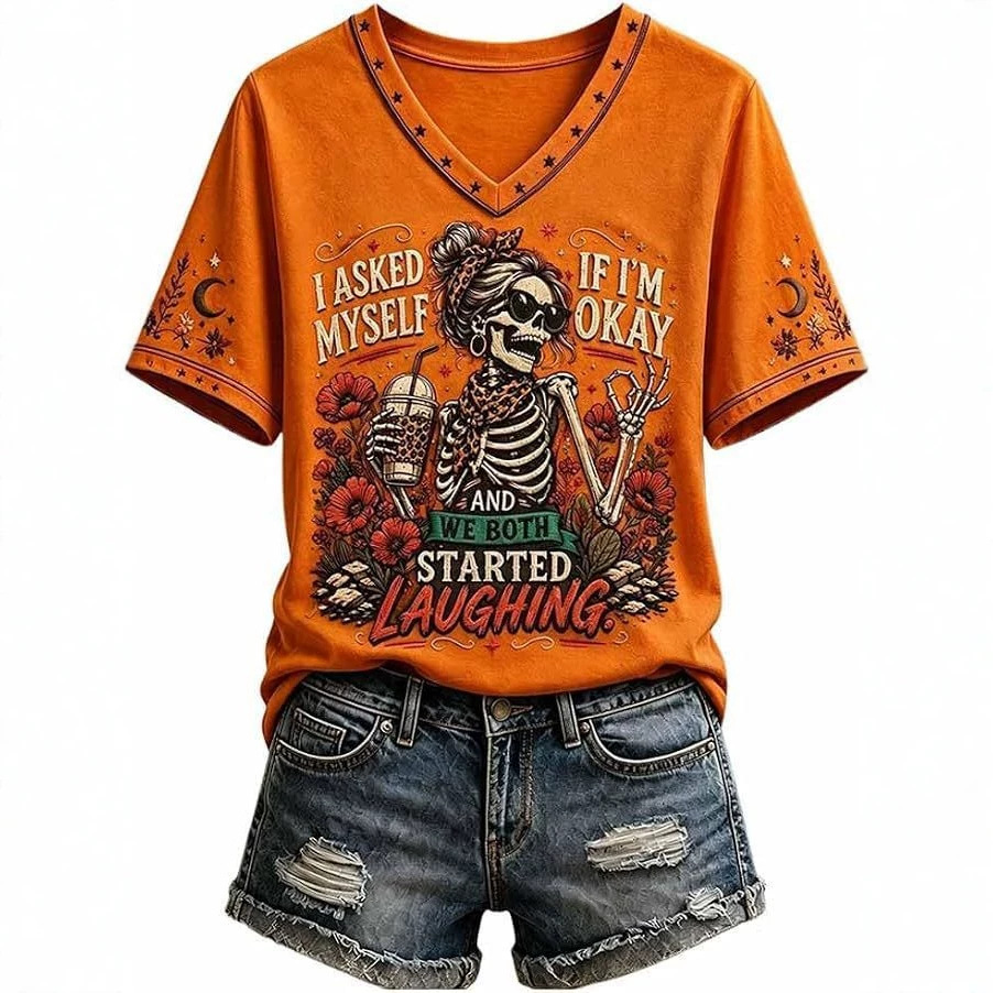 Skull Goblet Letter Print V-Neck Short Sleeve Women's T-Shirt