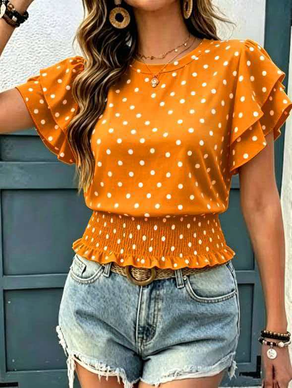 Polka Dot Print Ruched Short Sleeve Crew Neck T-Shirt
