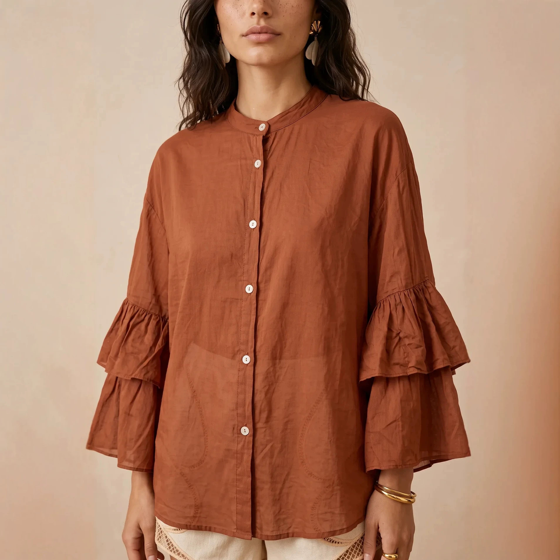 Women's Solid Color Stand Collar Button Double-Layer Bell Sleeve Loose Casual Shirt