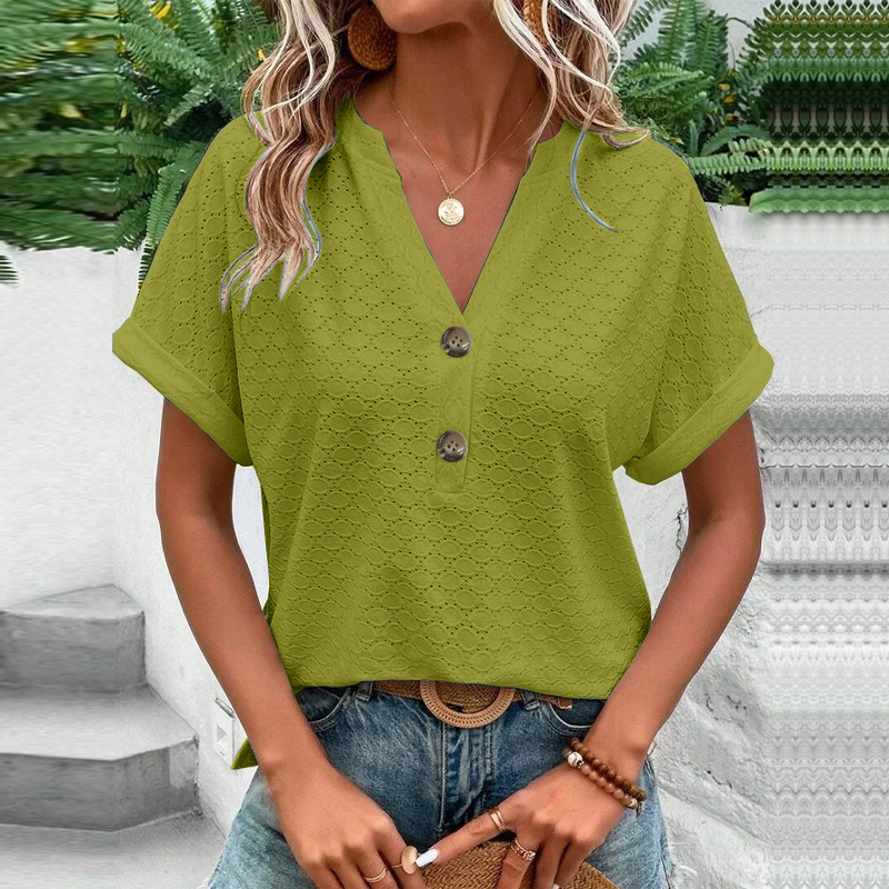 Women's Casual Solid Button V-Neck Short Sleeve T-Shirt