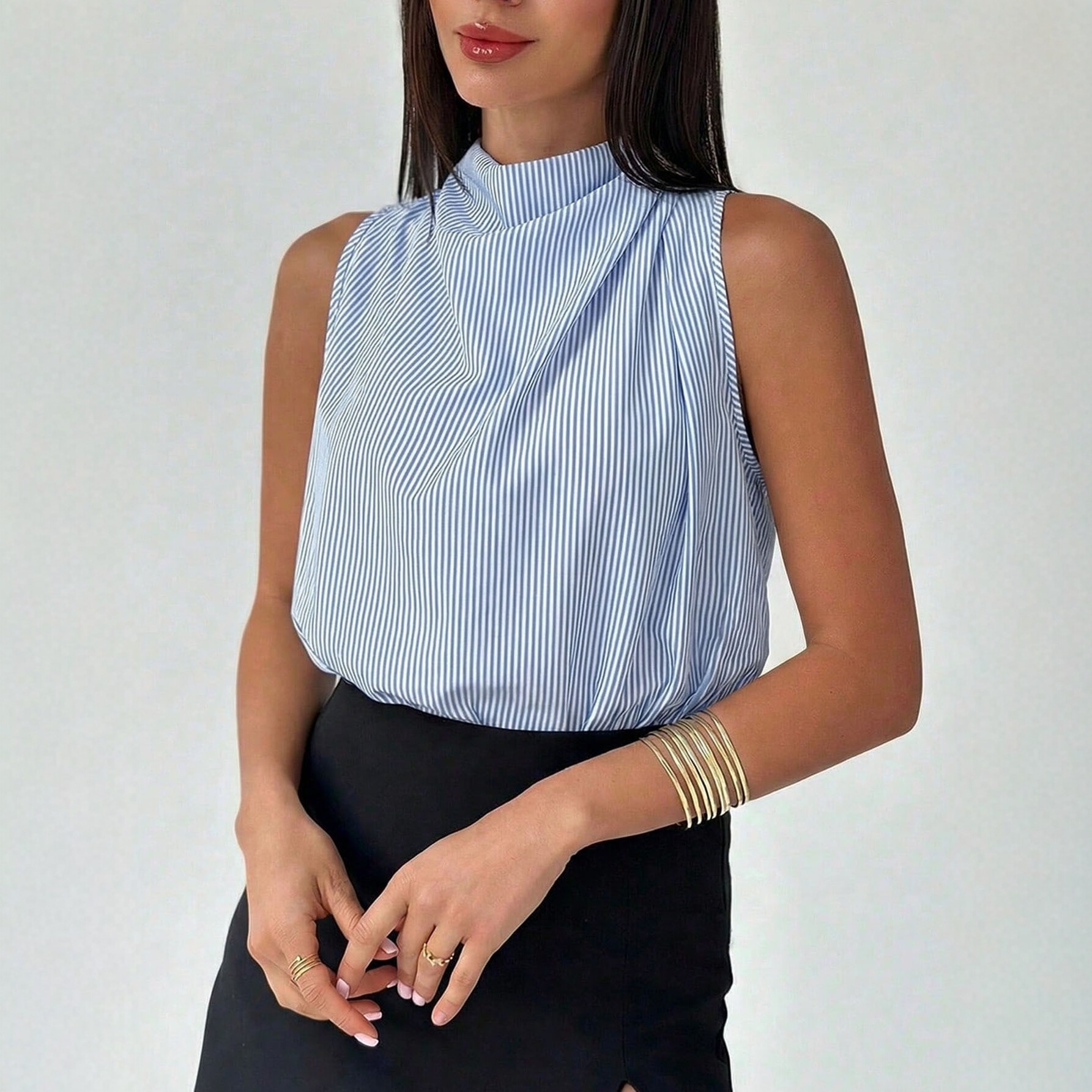 Women's Striped Sleeveless Cowl Neck Elegant Blouse