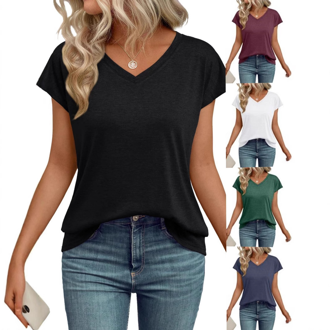 Women's Solid V-Neck Short Sleeve Loose Casual T-Shirt