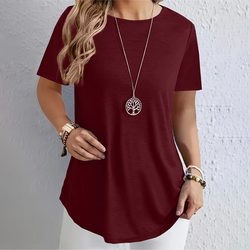 Women's Solid Color Elegant Round Neck Back Button T-Shirt