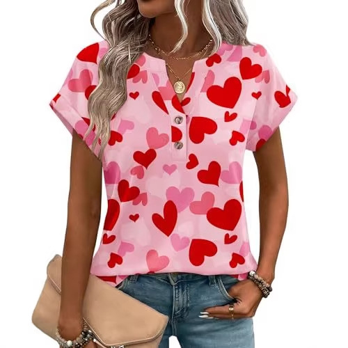 Women's Heart Floral Print V-Neck Short Sleeve T-Shirt