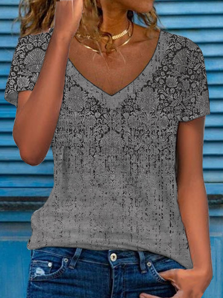 Women's Floral Print Short Sleeve V-Neck Loose Top