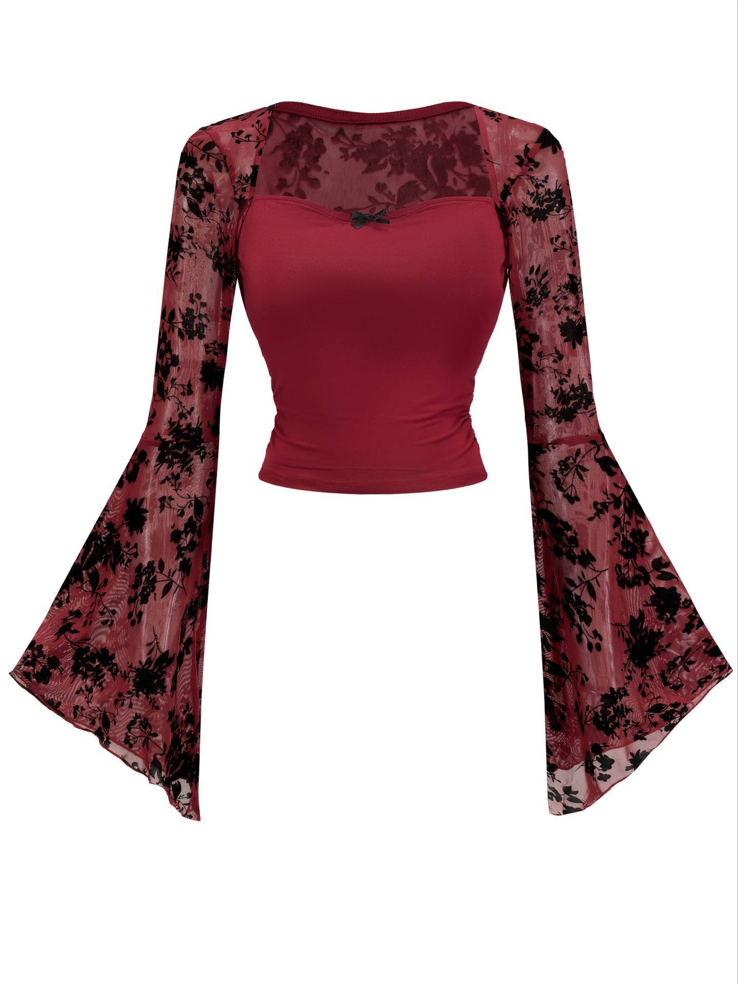 Lace Patchwork Mesh Long Sleeve Top